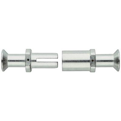 Zwei Metallteile, die zusammenpassen. Links ein Teil mit Gabelende, rechts ein zylindrisches Teil. Beide sind silbern und haben Bohrlöcher.
