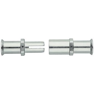 Zwei silberne Metallzylinder, einer mit einem Schlitz und einem Loch, der andere ohne. Teile eines Steckmechanismus.