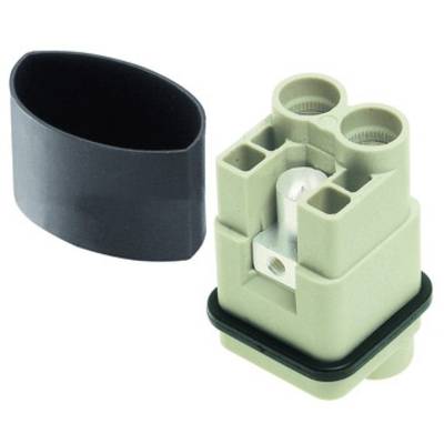 Ein rechteckiger, beige Steckverbinder mit schwarzen Gummidichtung und abnehmbarem Schutzdeckel, auf weißem Hintergrund.