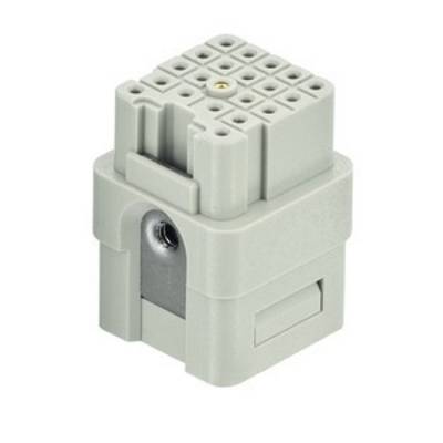 Ein grauer, rechteckiger elektrischer Stecker mit mehreren Löchern für Pins. Der untere Teil ist breiter, passend für industrielle Anwendungen.