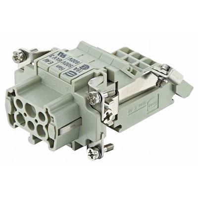 Ein grauer, modularer elektrischer Steckverbinder mit mehreren Anschlusspunkten und Metallbeschlägen, verwendet für industrielle Verkabelung.