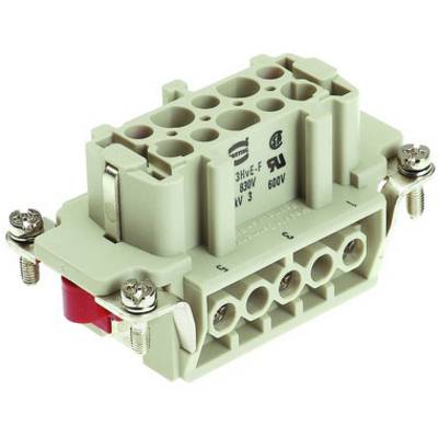 Ein rechteckiger elektrischer Steckverbinder mit mehreren Anschlussöffnungen und Schraubbefestigungen, geeignet für 830V und 500V.