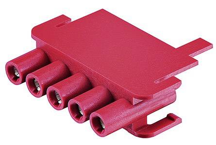 Roter elektrischer Steckverbinder mit vier Buchsen. Verwendet für die Verbindung von Kabeln in elektrischen Schaltkreisen.