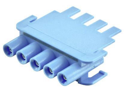 Blauer elektrischer Steckverbinder mit vier runden Anschlussmöglichkeiten, zum Verbinden von Kabeln in elektronischen Geräten.