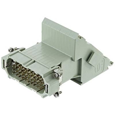 Ein rechteckiger elektrischer Steckverbinder in grau mit mehreren Goldkontakten und seitlichen Schraubverbindungen.