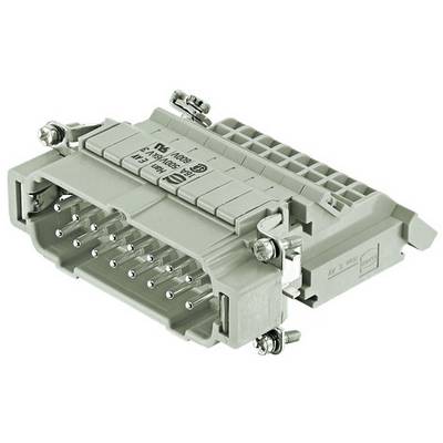 Ein rechteckiger, grauer elektrischer Steckverbinder mit mehreren Metallstiften und Schrauben zur Befestigung.