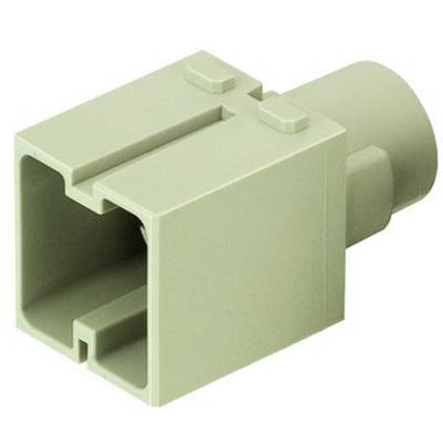 Ein grüner, rechteckiger Kunststoff-Steckeradapter mit zwei Öffnungen und zylindrischem Anschluss, verwendet in elektronischen Geräten.