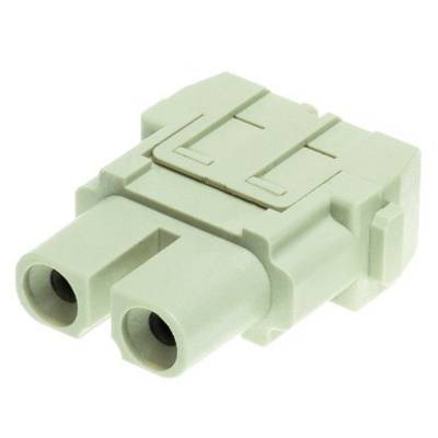 Ein grauer elektrischer Stecker mit zwei runden Anschlüssen, die zum Verbinden von Kabeln verwendet werden.