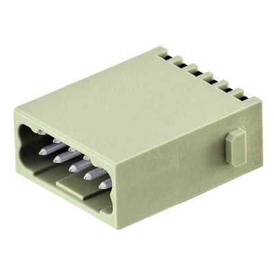 Grüner Kunststoffstecker mit mehreren Metallpins auf weißem Hintergrund. Geeignet für elektronische Verbindungen und Steckverbindungen.
