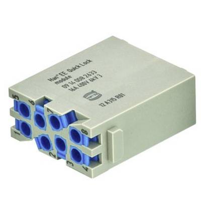 'Industriekabel-Stecker, graues Gehäuse mit blauen Anschlüssen, markiert als Han® EE Quick Lock für bis zu 500V, 16A.'