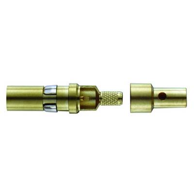 Metall-Steckverbinder, bestehend aus drei Teilen: ein Stecker, eine Mittelhülse mit Verriegelung und eine Endhülse, separat dargestellt.
