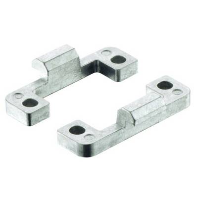 Zwei metallische Teile mit symmetrischen, rechteckigen Formen und Löchern an den Enden. Sie scheinen mechanische Befestigungsteile zu sein.