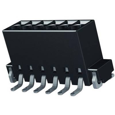 Schwarzer elektronischer Steckverbinder mit sieben Metallpins zur Befestigung an einer Leiterplatte, seitlich zu sehen.