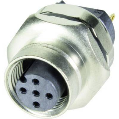 Ein Metallstecker mit fünf runden Steckplätzen und einer sechseckigen Basis, die für den elektrischen oder elektronischen Anschluss genutzt wird.