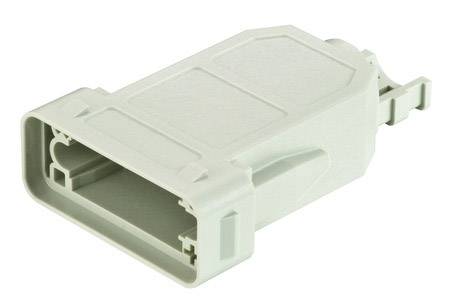Ein rechteckiger, grauer Steckverbinder mit strukturiertem Gehäuse. Der Steckverbinder ist für elektrische Verbindungen konzipiert.