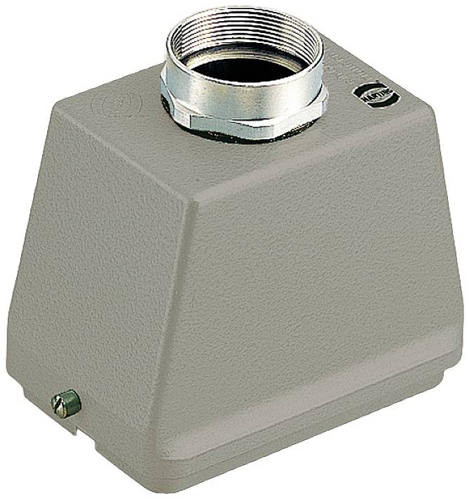 Elektrisches Steckverbindergehäuse aus grauem Metall mit Schraubverschluss oben und Firmenlogo an der Seite.