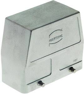 Ein quadratisches, graues Harting-Gehäuse mit dem Markenlogo oben. Es hat zwei hervorstehende Bolzen an der Unterseite.