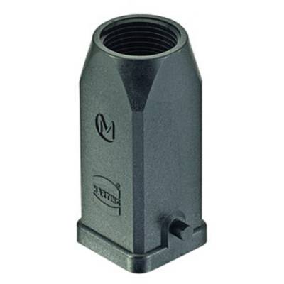 Schwarze, sechseckige Metallmuffe mit Innengewinde. Auf der Oberfläche sind das 'M'-Logo und das 'HARTING'-Logo erkennbar.