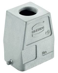 Gehäuseteil eines elektrischen Steckverbinders mit HARTING-Logo, grau, mit Gewindeöffnung oben.