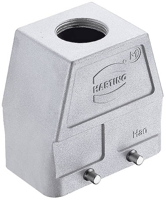 Gehäuseteil eines industriellen Steckverbinders mit Schraubverschlüssen und der Aufschrift 'HARTING'. Rechteckige Form, geeignet für elektrische Verbindungen.