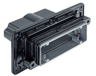 Schwarzes rechteckiges Kunststoffgehäuse mit ovalem Ausschnitt und mehreren Befestigungslöchern, möglicherweise für Elektronikkomponenten.
