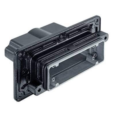 Schwarzes rechteckiges Kunststoffgehäuse mit ovalem Ausschnitt und mehreren Befestigungslöchern, möglicherweise für Elektronikkomponenten.
