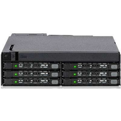 Schwarzer Festplattenserver mit sechs Einschüben, von denen vier mit grünen Lichtern aktiviert sind. Geeignet zur Datenspeicherung.