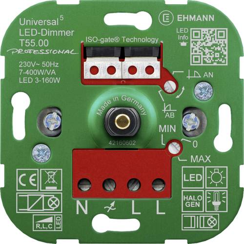Ehmann 5500x0000 Universal-Dimmer Geeignet für Leuchtmittel: LED-Lampe, Halogenlampe, Glühlampe, Filament LEDs, LED Trei...