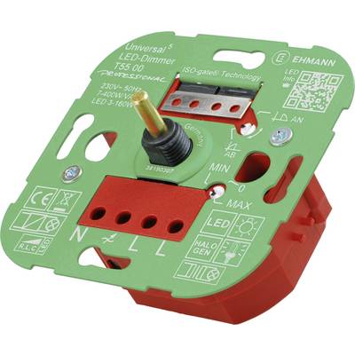 Ein grüner LED-Dimmer-Schalter mit rotem Gehäuse und schwarzem Drehknopf, geeignet für 230V, 50Hz, mit Beschriftungen für LED- und Halogenlampen.