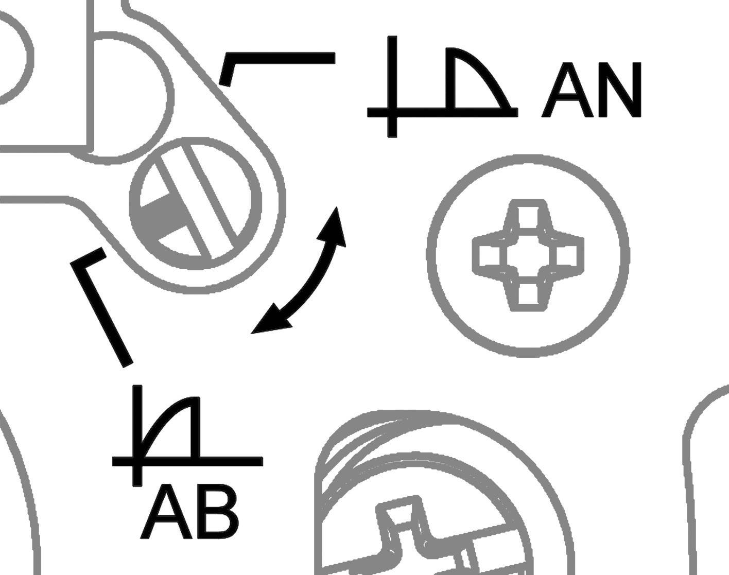 Technische Zeichnung eines mechanischen Bauteils mit Symbolen und Anmerkungen für Schrauben, Drehung und Montageanweisungen.