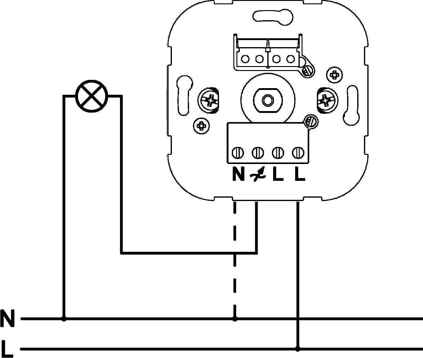 Schaltplan eines elektrischen Schalters: Zeigt die Verkabelung von Neutralleiter (N) und Phase (L) zu einer Leuchte.