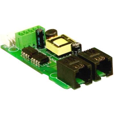 Eine grüne elektronische Platine mit zwei schwarzen Ethernet-Anschlüssen und mehreren elektronischen Bauteilen.