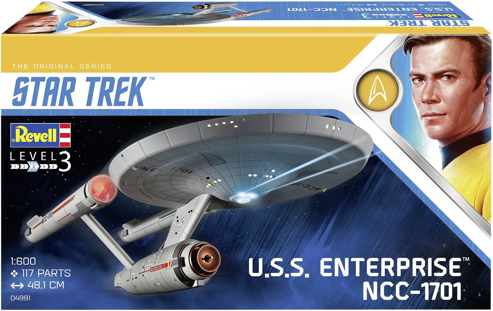 Box mit Modellbausatz U.S.S. Enterprise NCC-1701 von Star Trek. Enthält 177 Teile, Maßstab 1:600. Abbildung des Raumschiffs vorne.