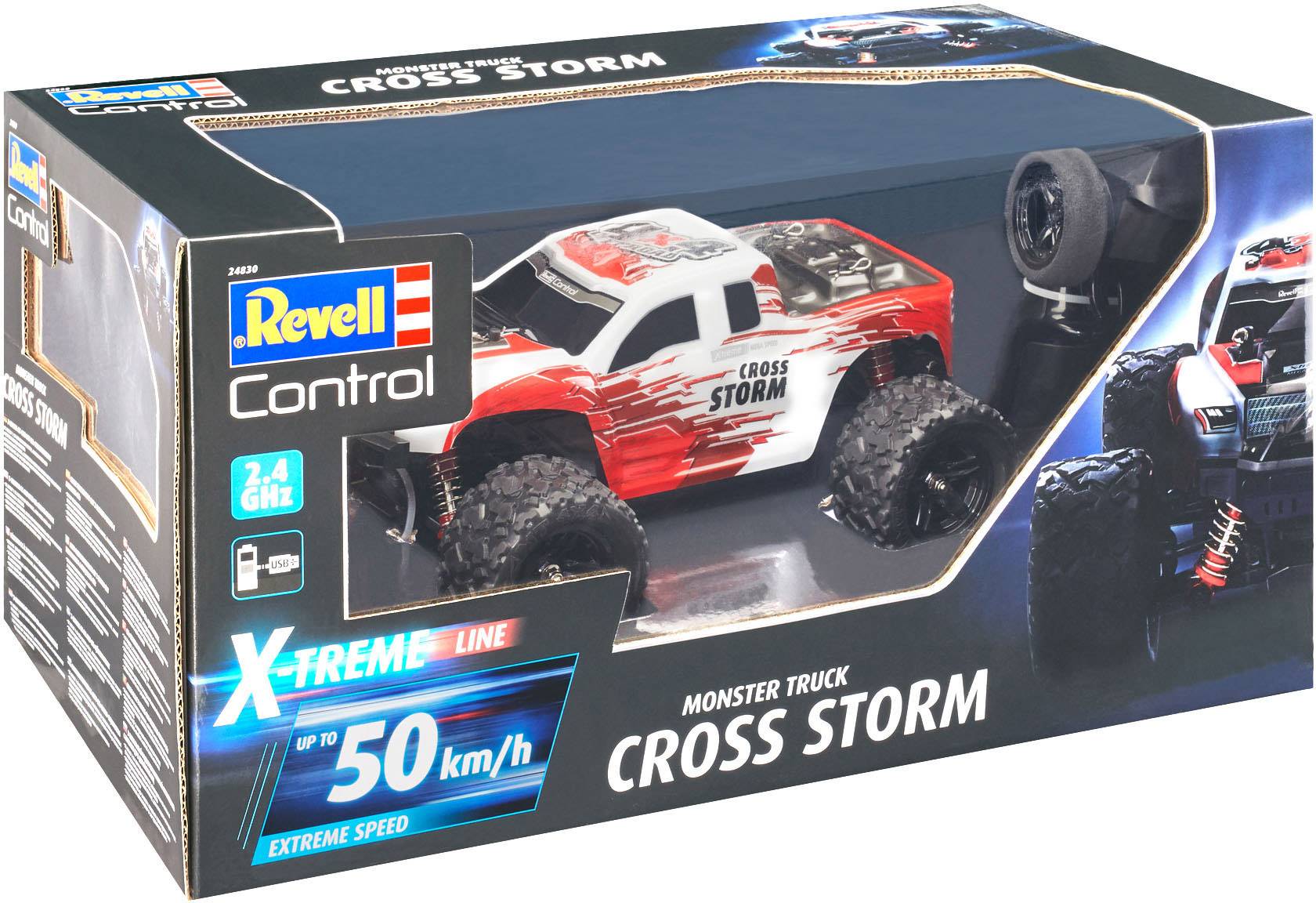 'Revell Control Cross Storm Monster Truck' Spielzeugkarton mit Bild des ferngesteuerten Trucks. Geschwindigkeit bis 50 km/h, rot-weißes Design.