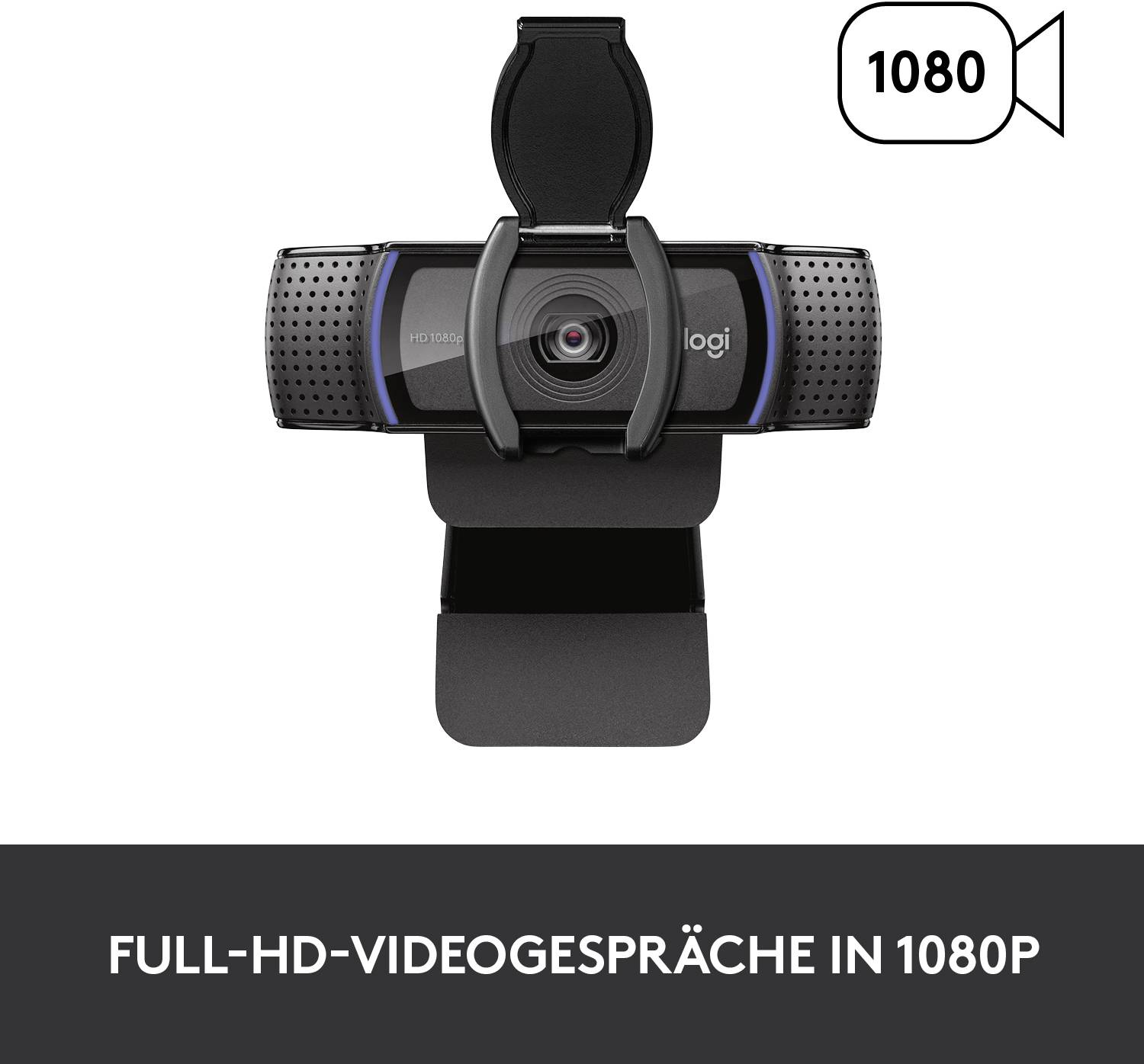 Webcam mit 1080p-Auflösung, für Full-HD-Videogespräche. Sie ist schwarz mit einem Clip zur Befestigung an Bildschirmen.