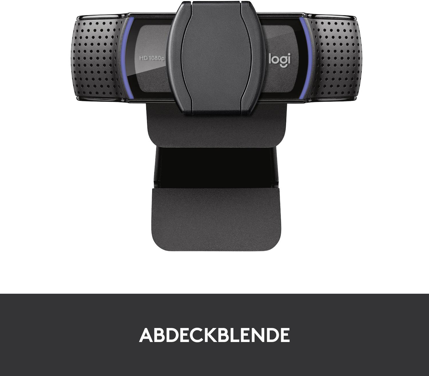 Eine schwarze Webcam mit Abdeckblende von oben gesehen. Die Vorderseite zeigt 'HD 1080p' und das Markenlogo.