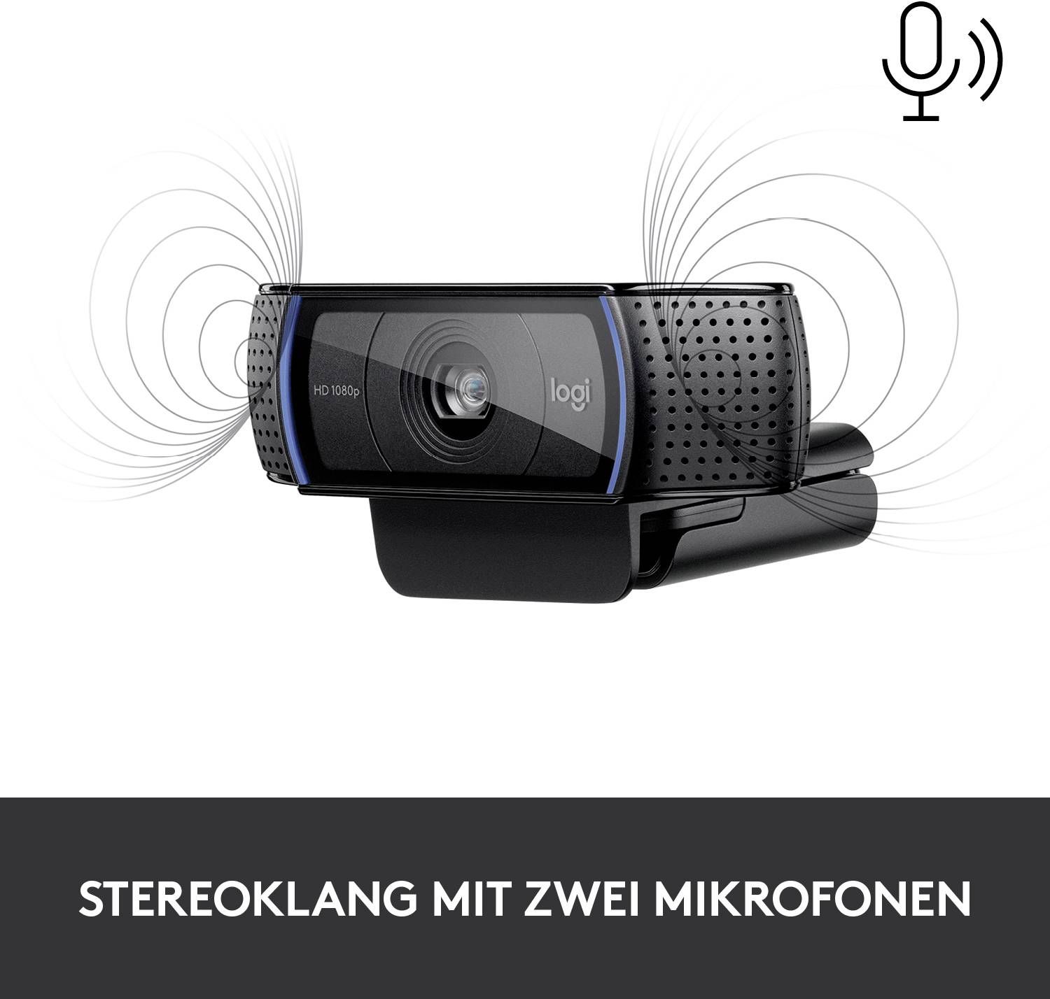Webcam mit zwei Mikrofonen für Stereoklang, unterstützt HD 1080p Videoaufnahmen.