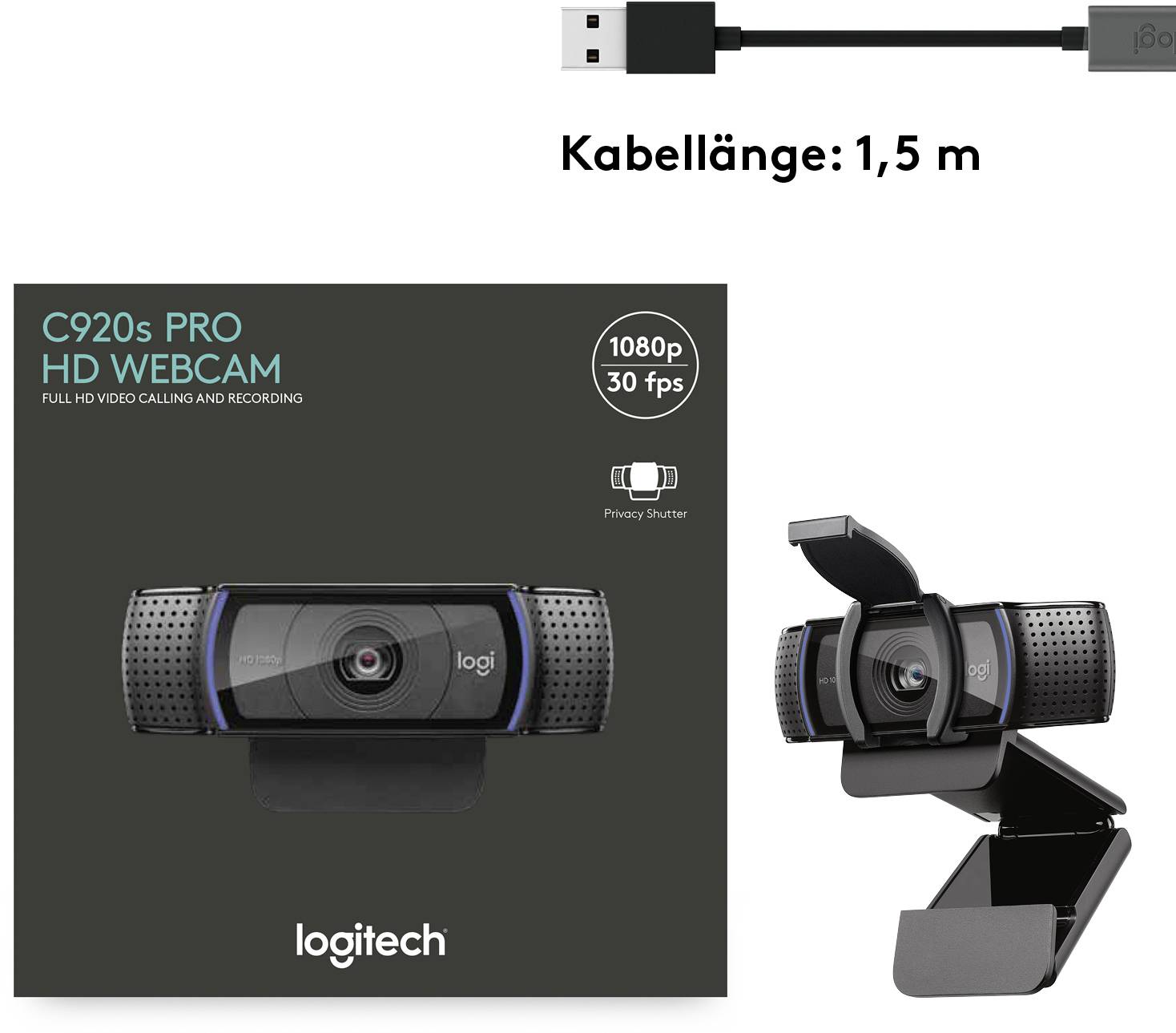 Die Abbildung zeigt eine Logitech C920s Pro HD-Webcam und deren Verpackung. Ein Kabel von 1,5 m Länge wird angezeigt.
