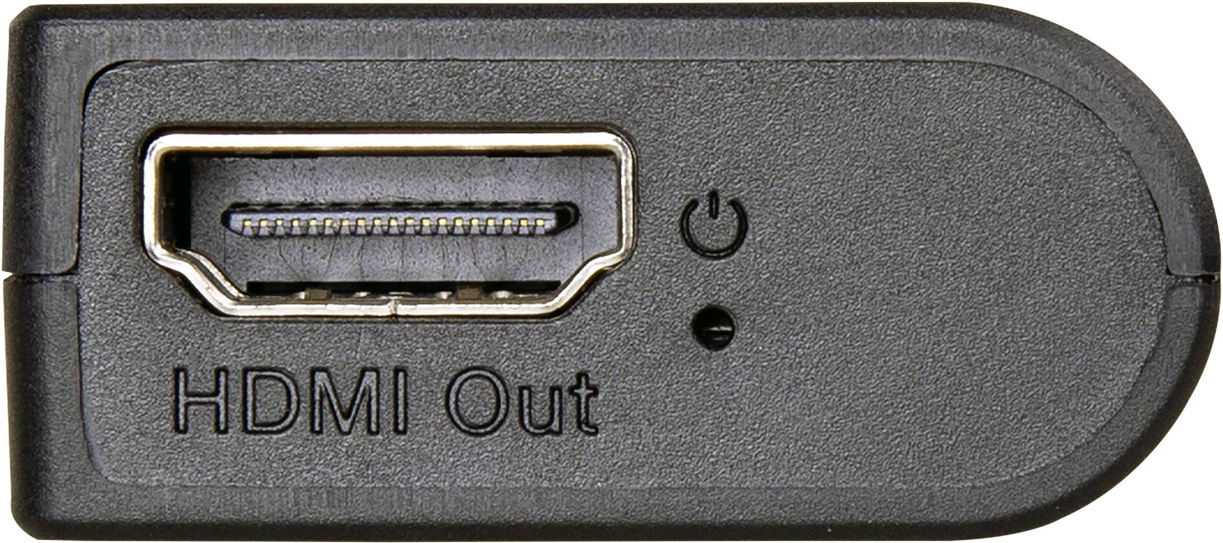 'HDMI Out'-Anschluss an einem schwarzen Gerät zeigt, wo ein HDMI-Kabel angeschlossen wird, um Videosignale zu übertragen.