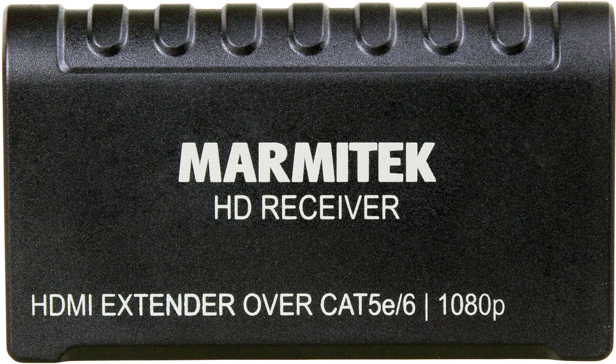 Ein schwarzer HD-Receiver von Marmitek mit der Aufschrift: 'HDMI Extender over CAT5e/6 | 1080p'.
