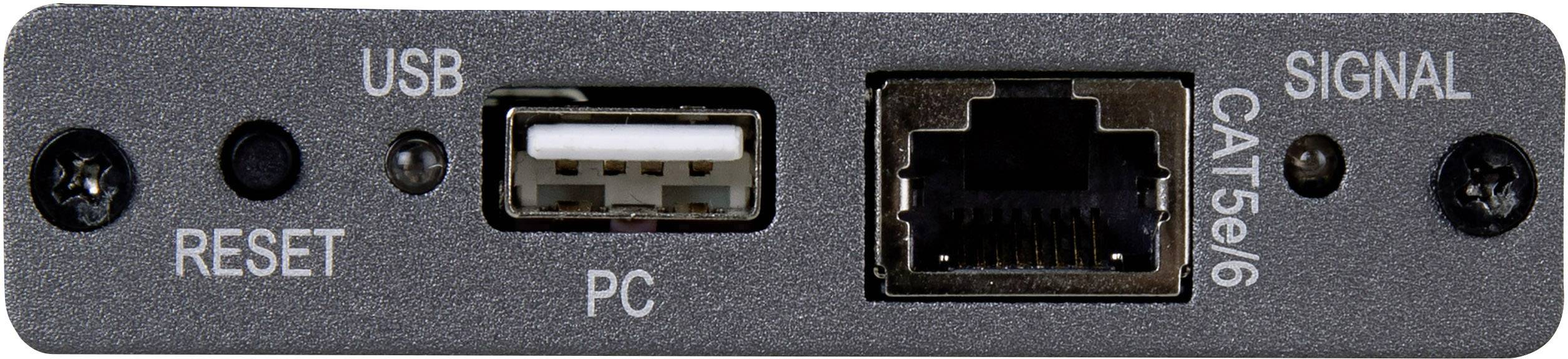 'Elektronisches Gerät mit USB-Anschluss, Reset-Taste und CAT5e/6 Signalanschluss, geeignet für PC-Verbindungen.'