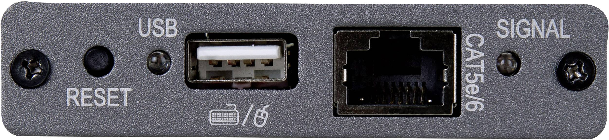 Das Bild zeigt eine Anschlussplatte mit einem USB-Anschluss, einem Ethernet-Anschluss für CAT5e/6-Kabel und einem Reset-Knopf.