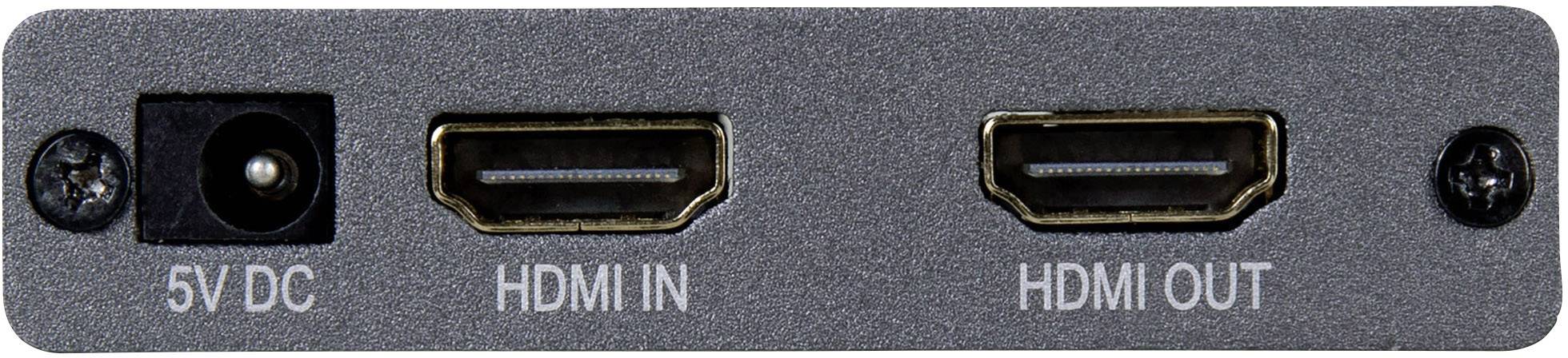 'Rückseite eines Geräts mit Anschlüssen: links ein 5V-DC-Netzanschluss, daneben HDMI-Eingang (HDMI IN) und HDMI-Ausgang (HDMI OUT).'
