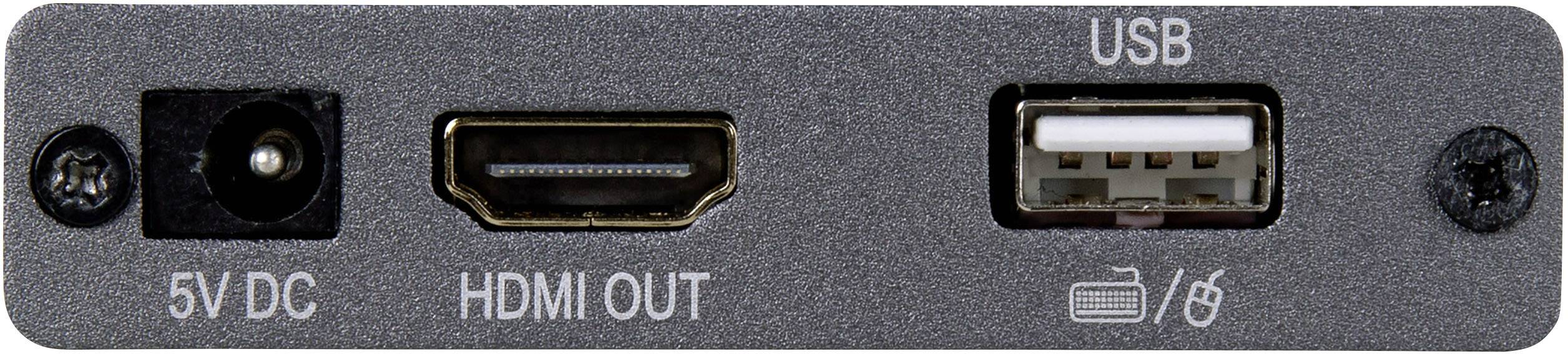 Anschlüsse auf einem Gerät: links ein 5V DC-Anschluss, mittig ein HDMI-Ausgang, rechts ein USB-Anschluss.