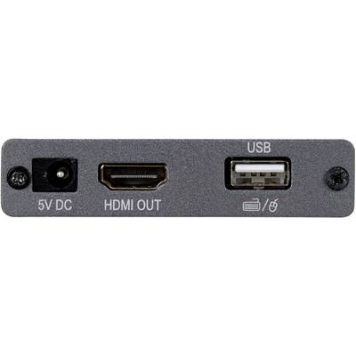 Anschlüsse auf einem Gerät: links ein 5V DC-Anschluss, mittig ein HDMI-Ausgang, rechts ein USB-Anschluss.
