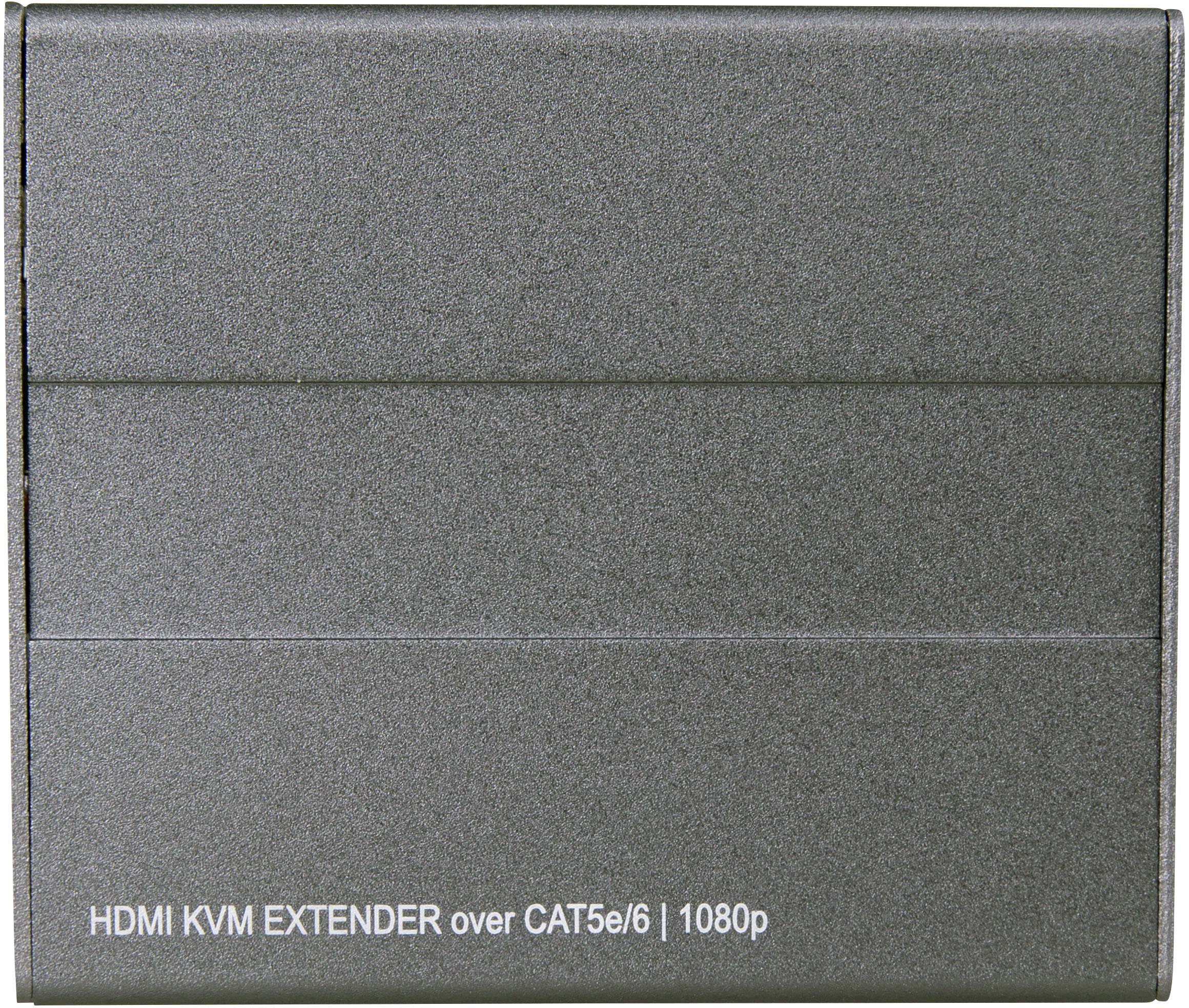 Graues rechteckiges Gerät mit der Aufschrift 'HDMI KVM EXTENDER over CAT5e/6 | 1080p' am unteren Rand.