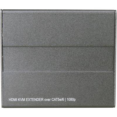Graues rechteckiges Gerät mit der Aufschrift 'HDMI KVM EXTENDER over CAT5e/6 | 1080p' am unteren Rand.