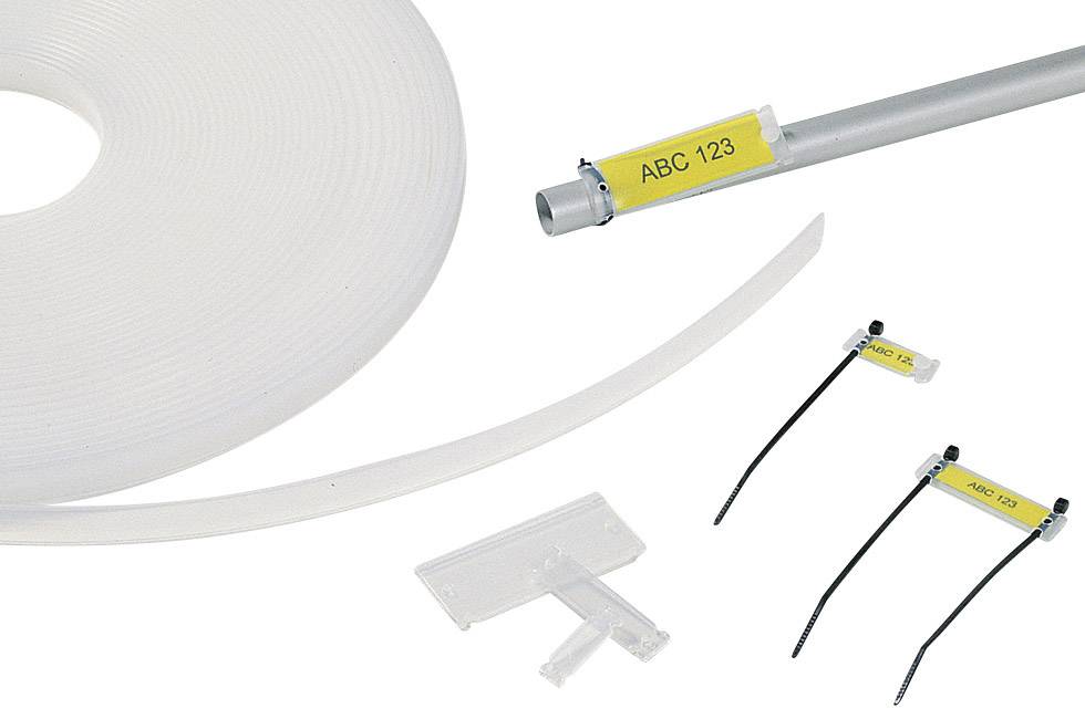 Verschiedene Kabelmarkierungen und -binder, darunter ein gelbes Etikett mit der Aufschrift 'ABC 123', auf weißem Hintergrund.