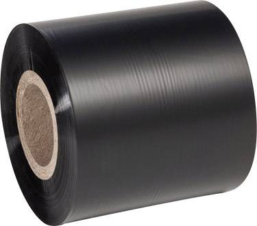 Schwarze Rolle Verpackungsfolie mit Pappkern, oft verwendet für das Einwickeln von Paletten oder Gegenständen zum Schutz und zur Stabilität.