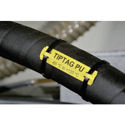 Schwarzes Kabel mit gelbem Etikett, auf dem 'TIPTAG PU -65 °C bis +120 °C' steht, befestigt mit Kabelbindern.